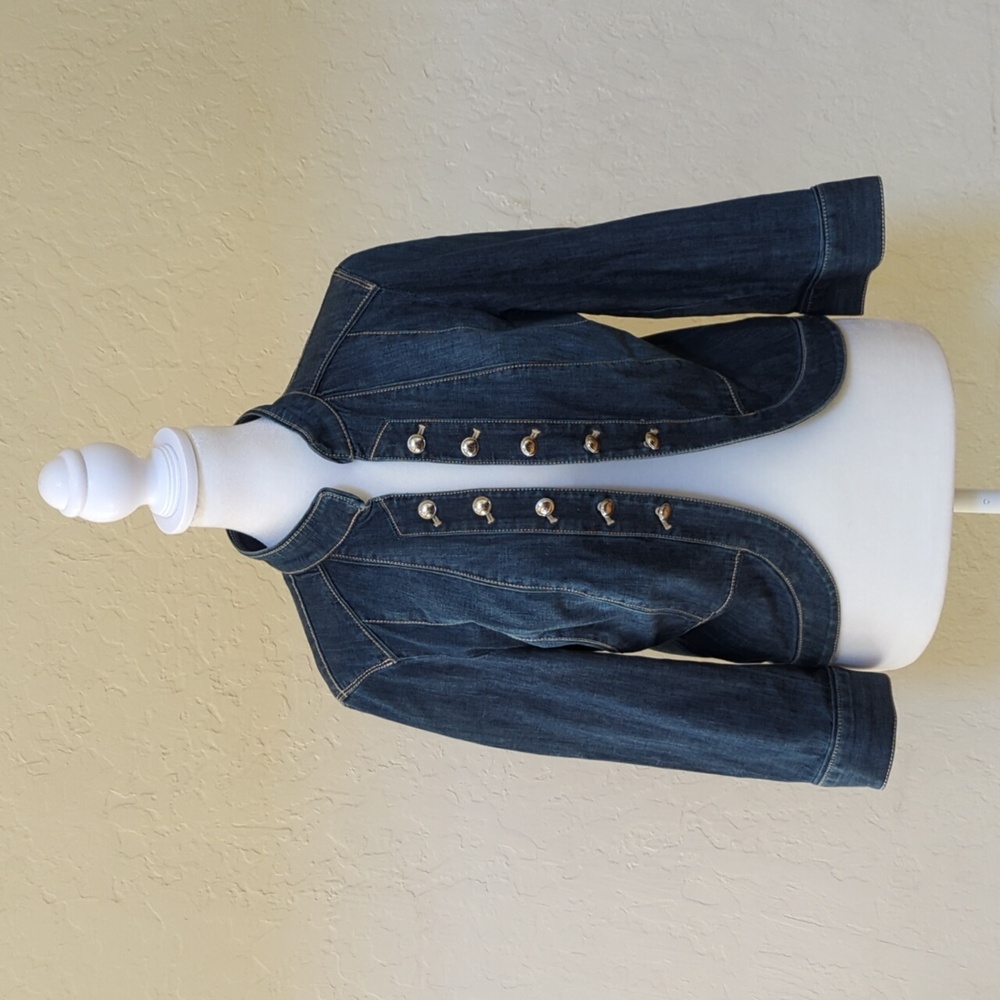 WHBM Fitted Military Style Open Front Cropped Dark Wash Denim Jacket Size 8